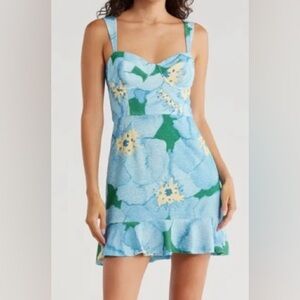 Hutch Floral Blue/Green Sleeveless Bustier Ruffle Hem Mini Dress - Size Medium